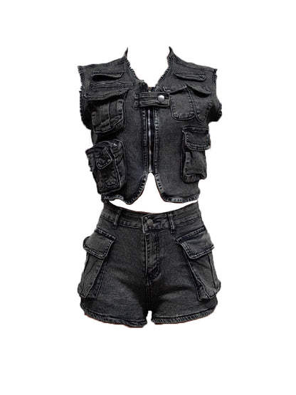 Denim Cargo Vest & Shorts Set - ECHOINE