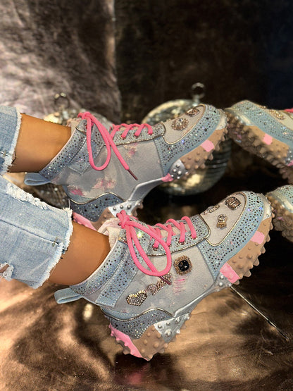 Rhinestone Denim High-Top Sneakers