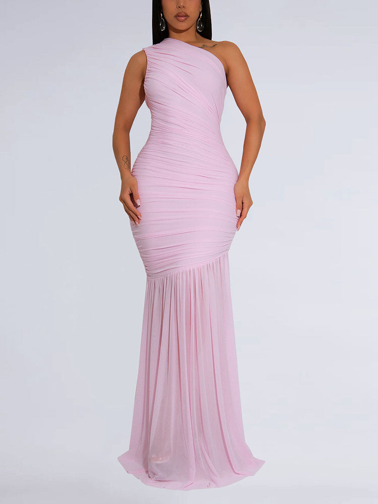 One Shoulder Mesh Ruched Dress
