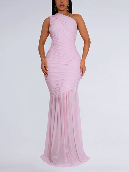 One Shoulder Mesh Ruched Dress