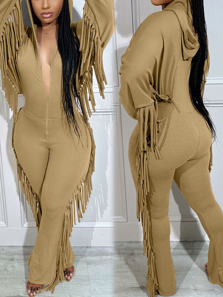 Hooded Fringe Jumpsuit - ECHOINE