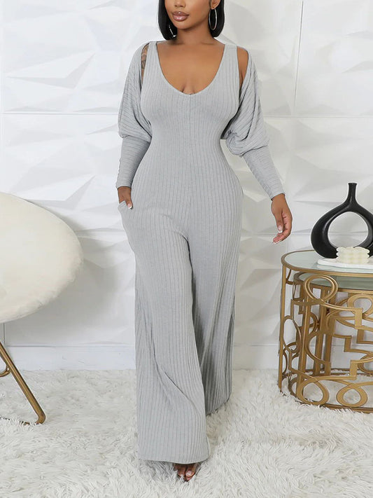 Ribbed Tank Jumpsuit Cardigan Set