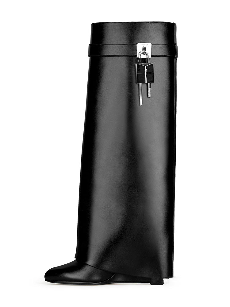 Lock & Key Leather Wedge Heel Boots