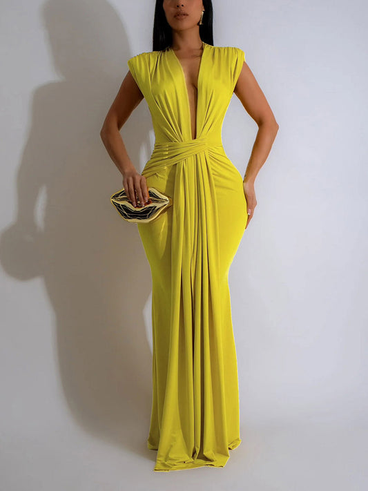 Elegant Plunge Draped Maxi Dress - ECHOINE