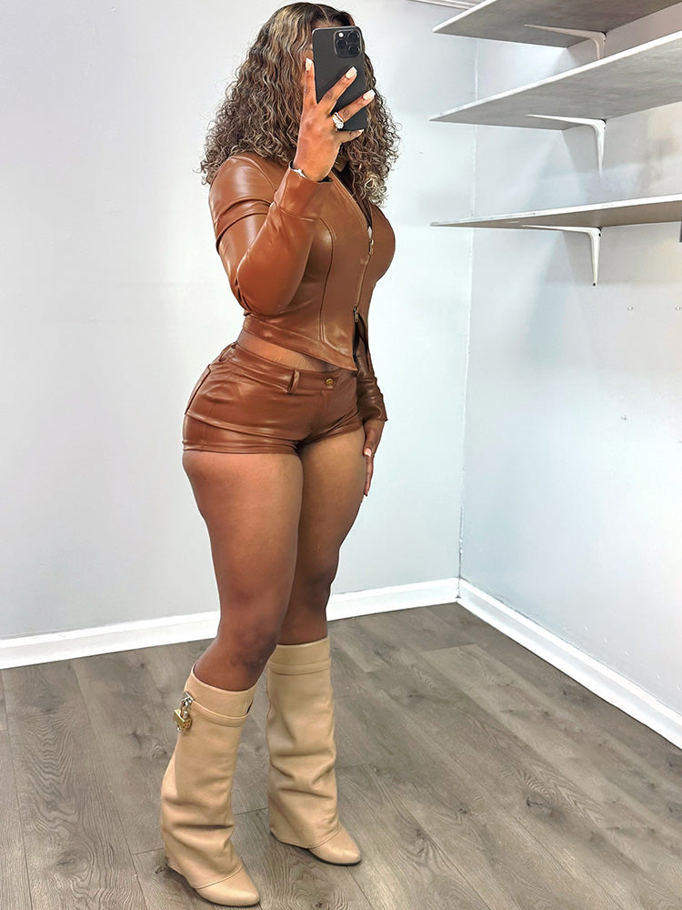 Leather Crop Jacket & Shorts Set