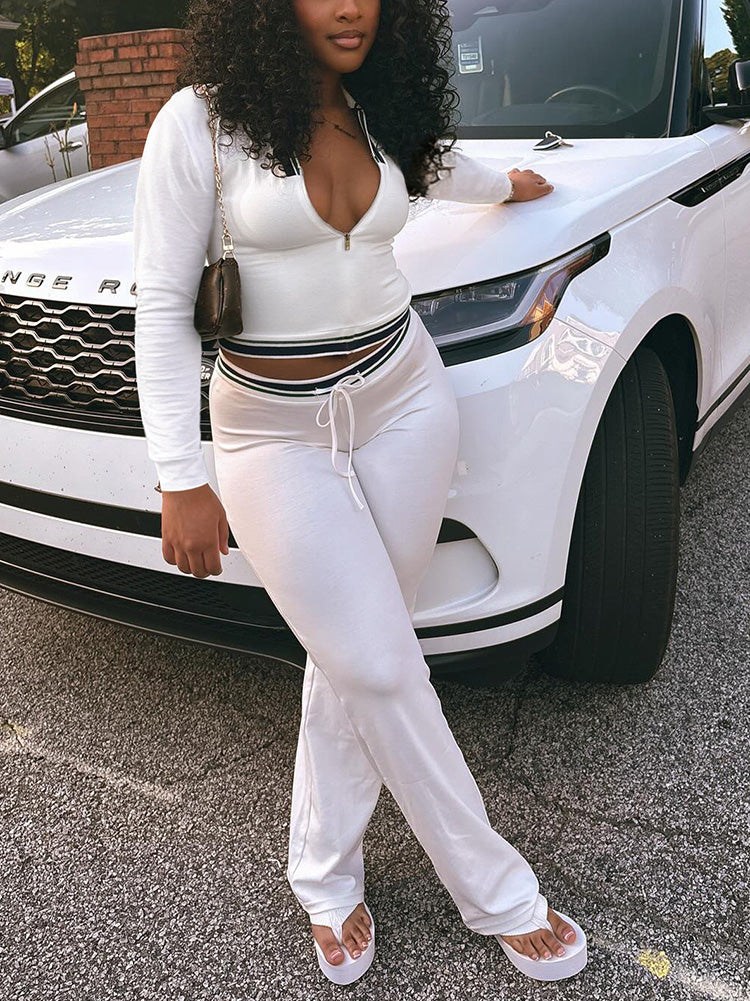 Contrast Polo Crop Top & Flared Pants Set