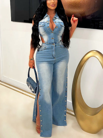 Snap It Out Wide Denim Jumpsuit