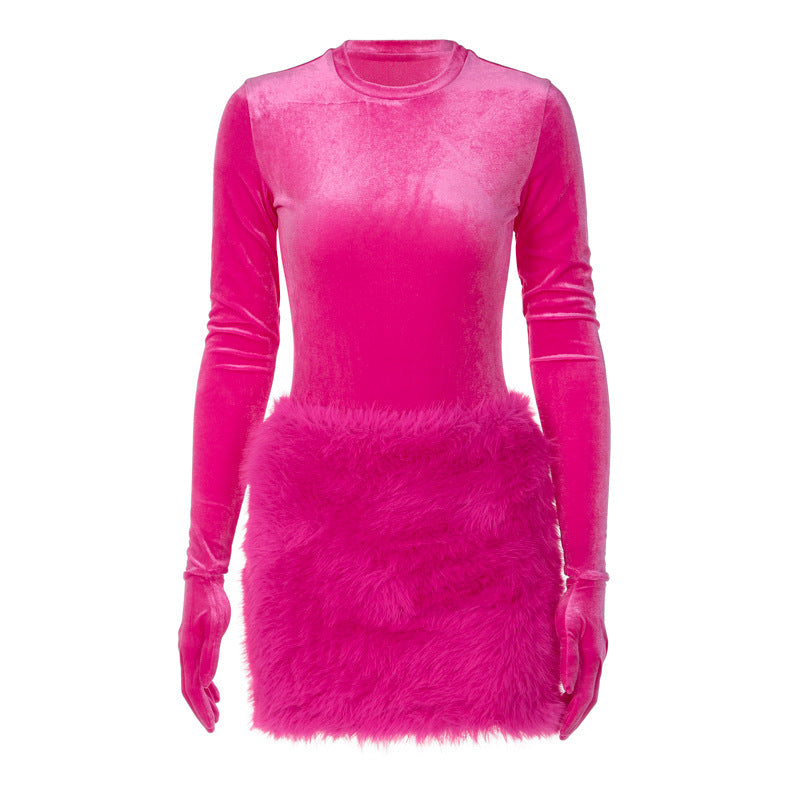 Velvet Bodysuit Furry Skirt Set - ECHOINE