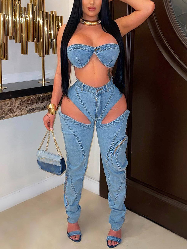 Denim Tube Top & Cutout Pants Set