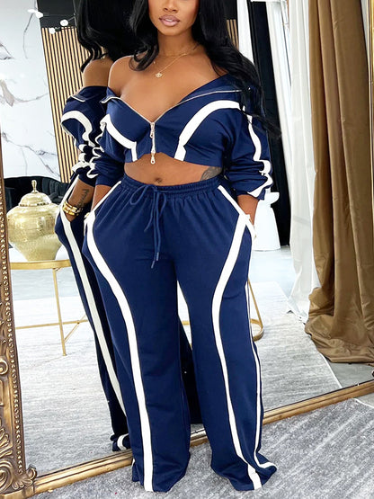 Contrast Zip-Front Jacket & Wide Pants Set