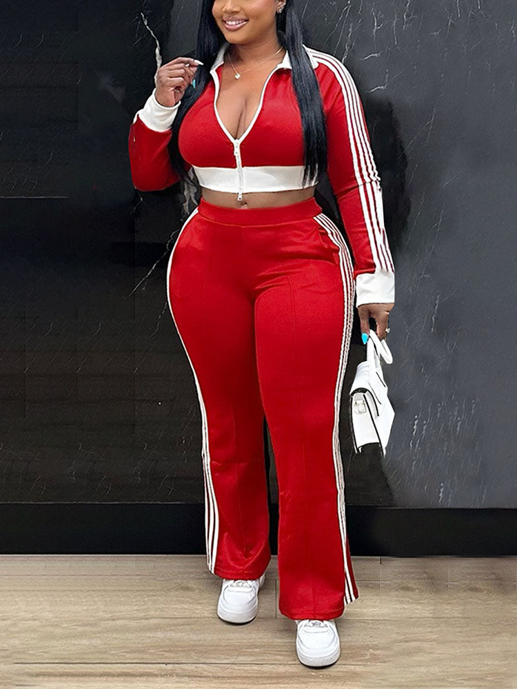 Striped Trim Zip Cropped Jacket & Pants Set