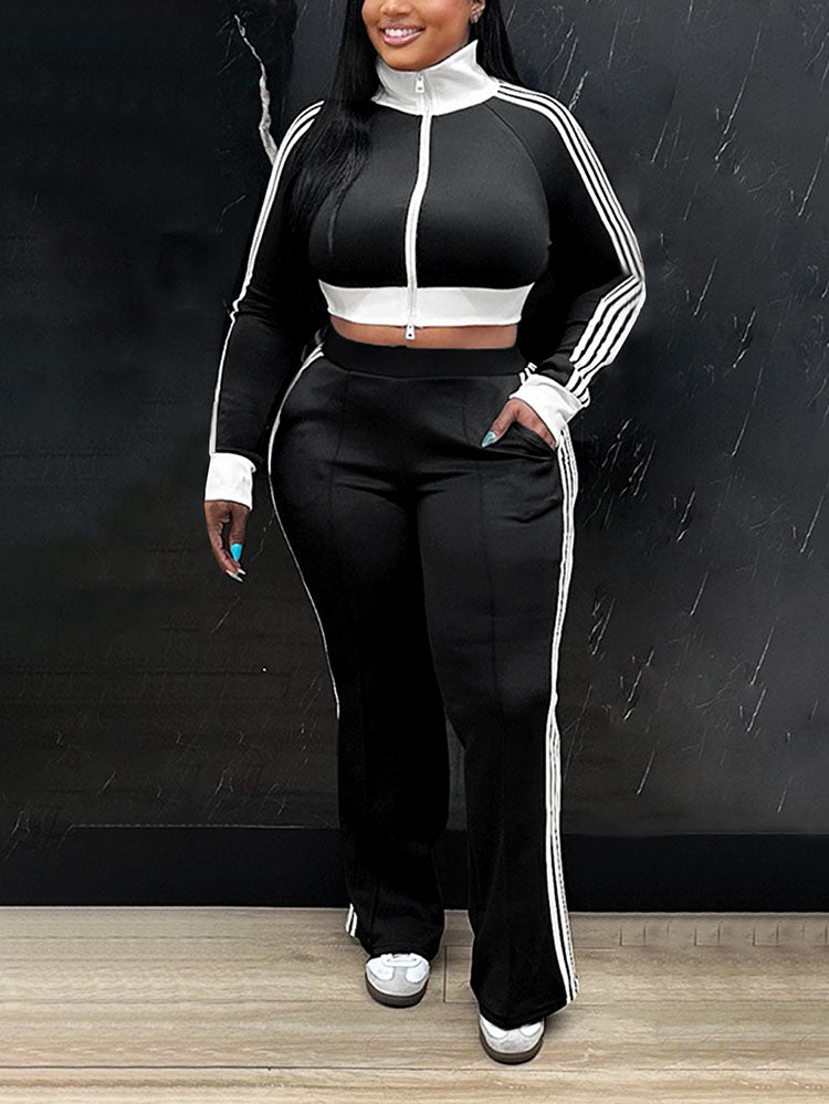 Striped Trim Zip Cropped Jacket & Pants Set