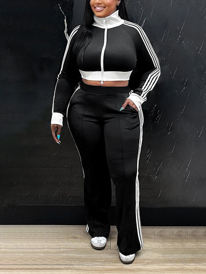 Striped Trim Zip Cropped Jacket & Pants Set
