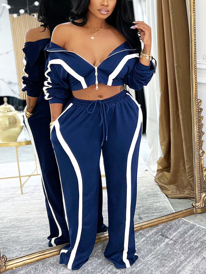 Contrast Zip-Front Jacket & Wide Pants Set