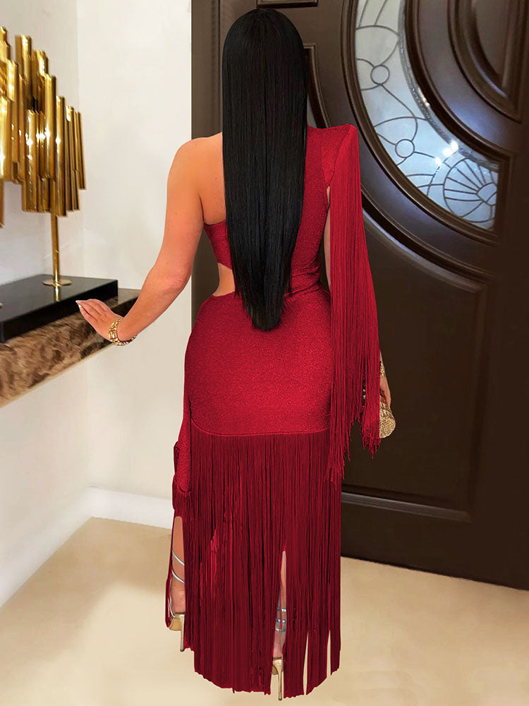 Glitter One-Shoulder Fringe Gown Dress