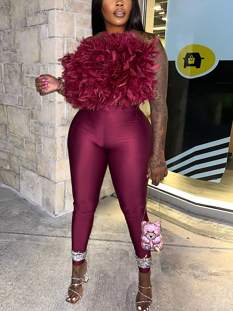 Glamour Feather Top & Leggings Set