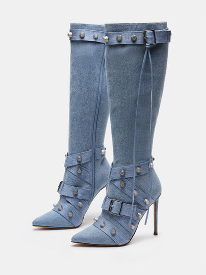 Studded Buckled Strap Leather Boots