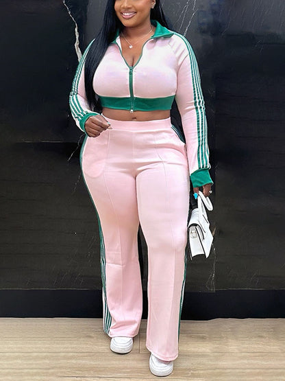 Striped Trim Zip Cropped Jacket & Pants Set