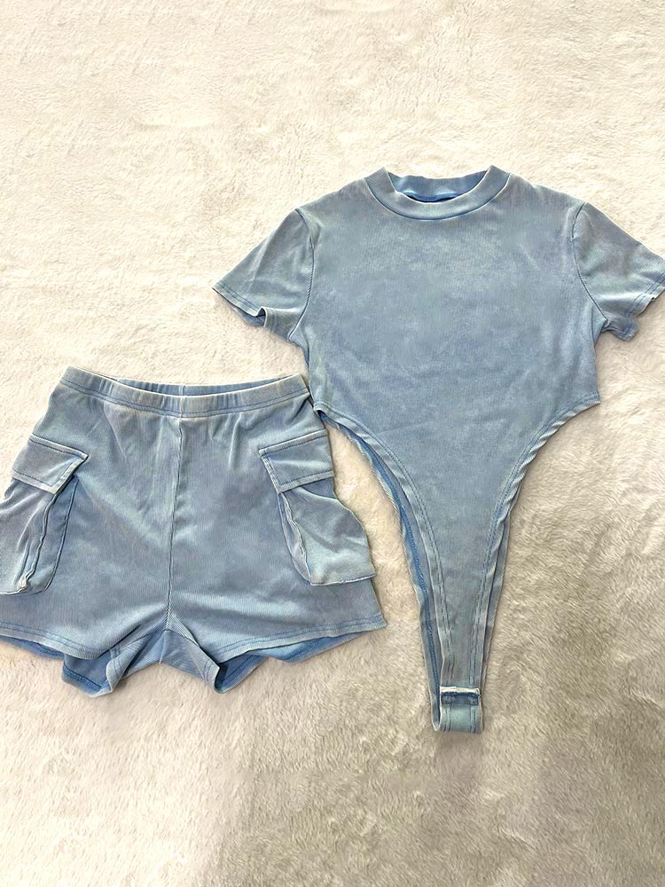 Ribbed Washed Bodysuit & Shorts Set - ECHOINE