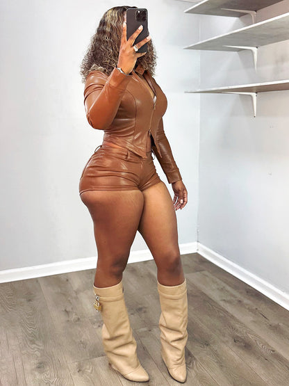 Leather Crop Jacket & Shorts Set