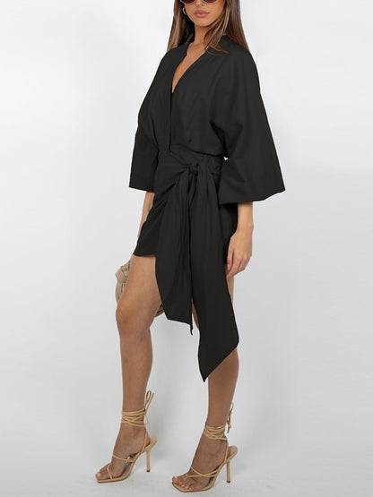 Puff Sleeves Wrap Dress