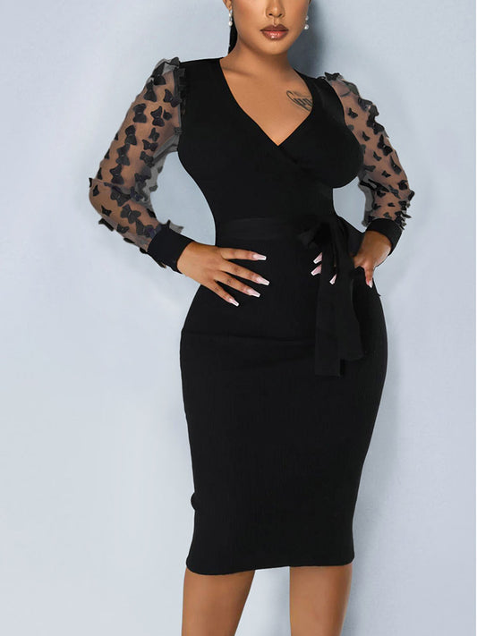 Mesh Butterfly Sleeve Dress With Belt