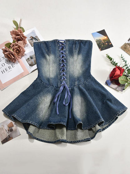 Denim Corset Lace-Up Dress - ECHOINE