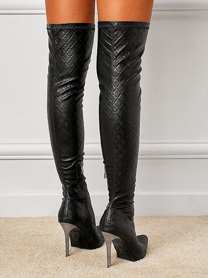 Embossed Heel Over The Knee Boots - ECHOINE