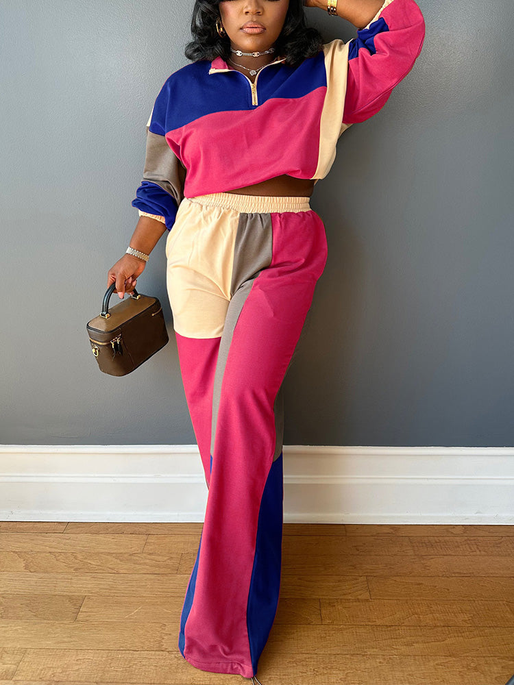 Colorblock Half-Zip Top & Wide Pants Set