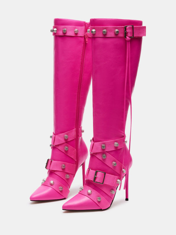 Studded Buckled Strap Leather Boots