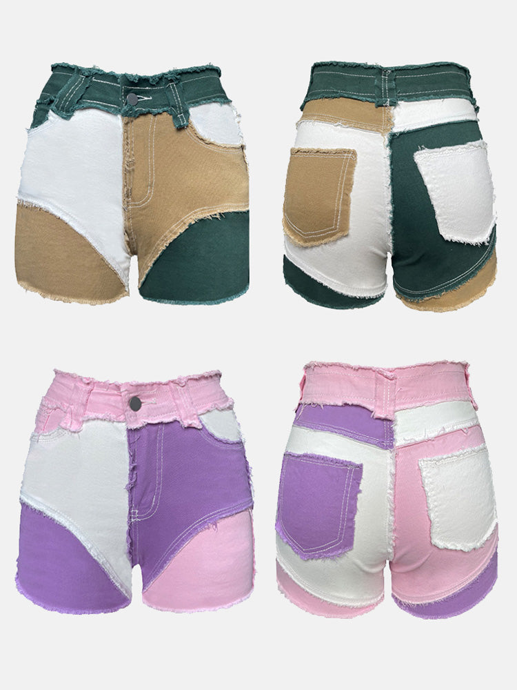 Colorblock Raw Hem Denim Shorts - ECHOINE