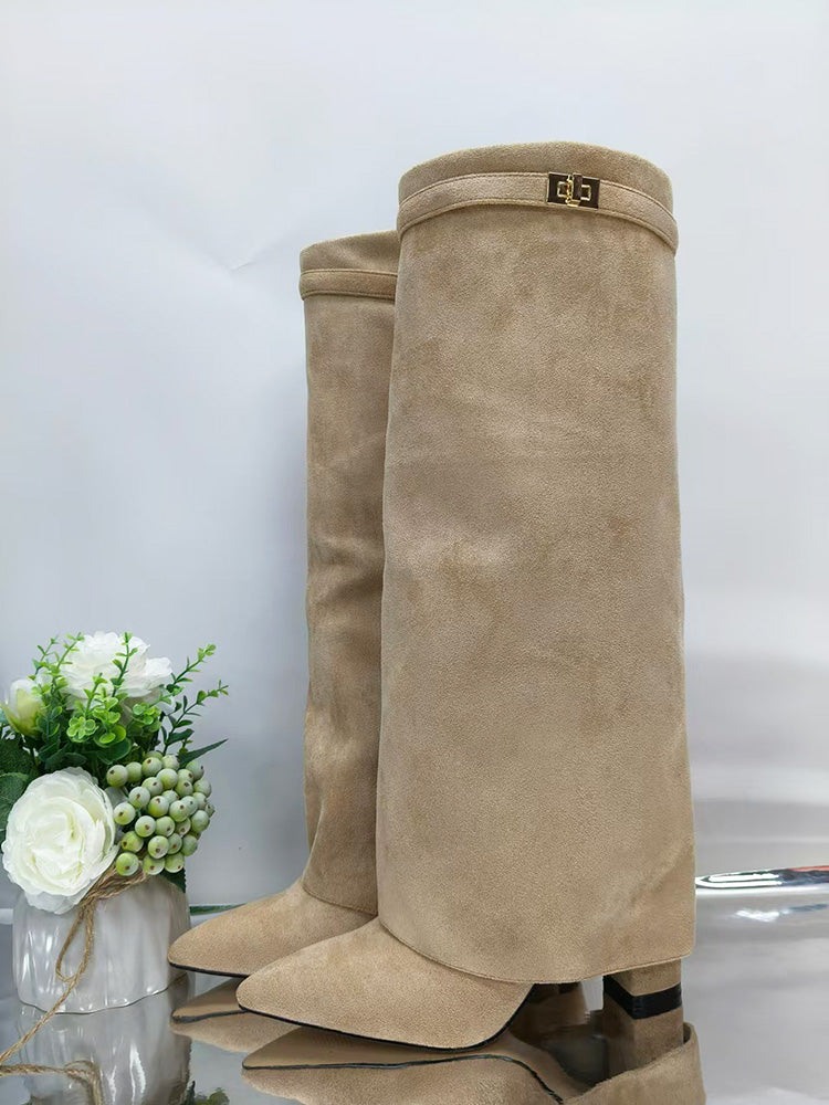 Fold Chunky Heel Knee High Boots