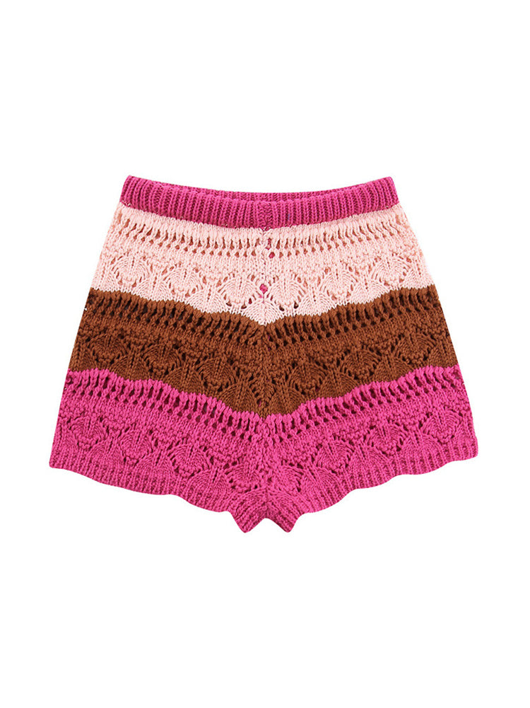 Knit Crochet Color Block Shorts Set - ECHOINE