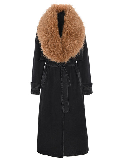 Fur Collar Denim Trench Coat