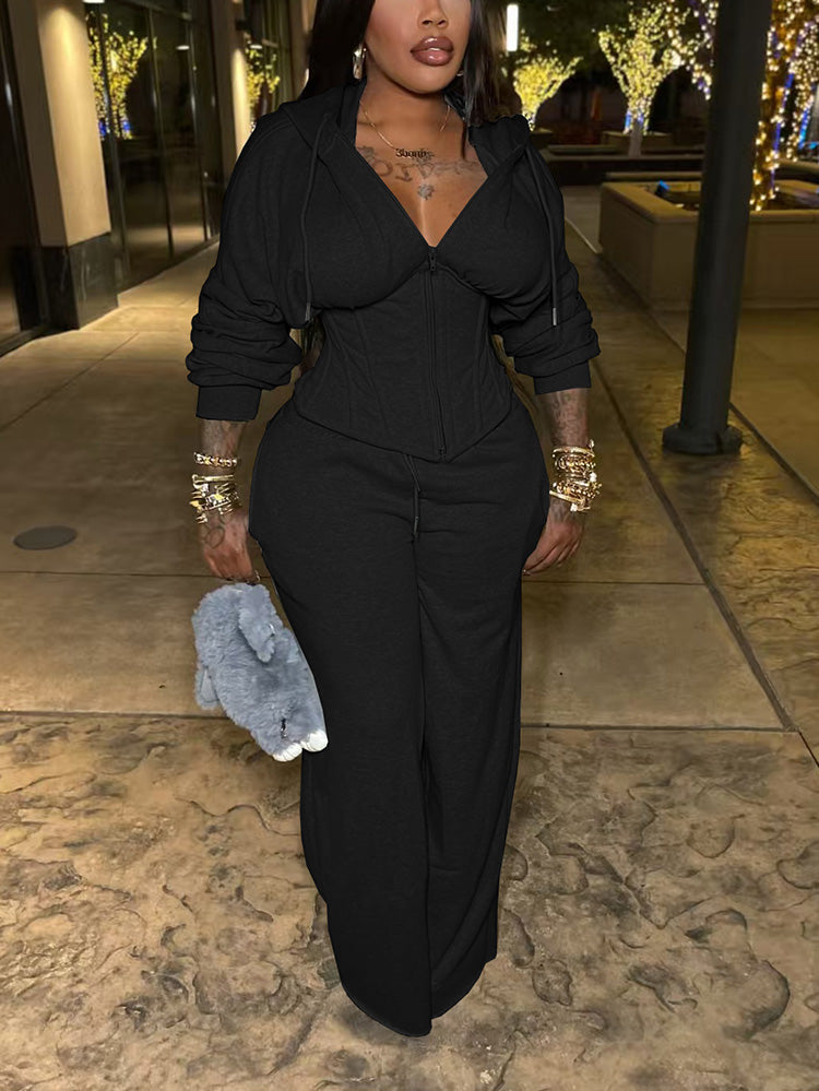 Corset Hoodie Jacket & Wide Pants Set