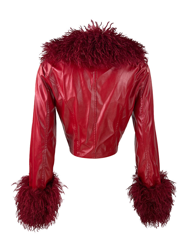 Faux Fur Trim Leather Jacket & Croc-Embossed Pants