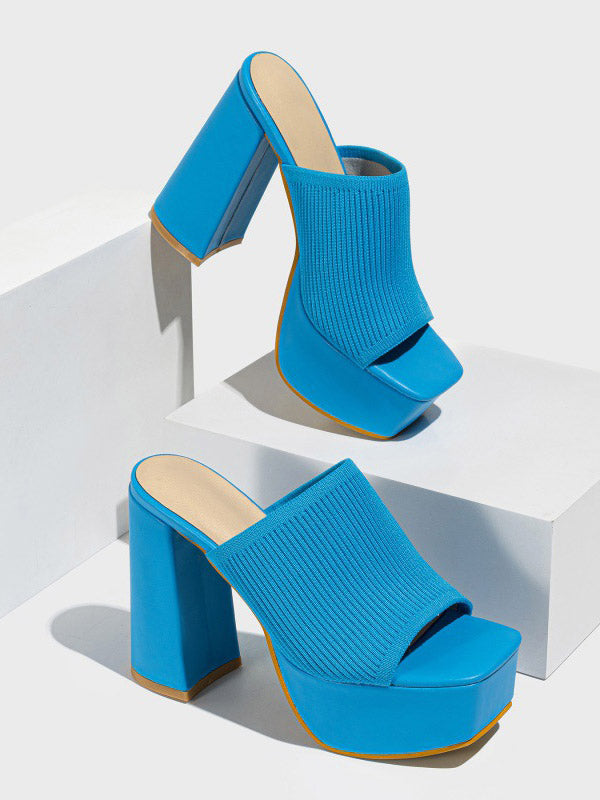 Knit Platform Chunky Heel Sandals - ECHOINE