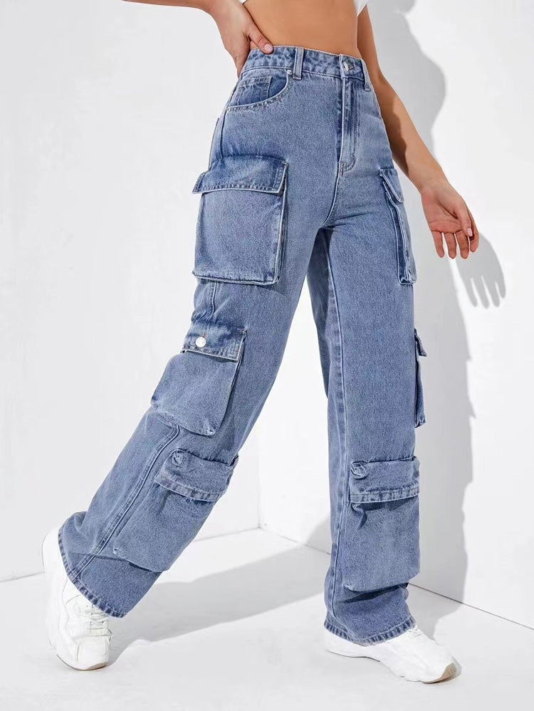 High Waist Pockets Cargo Jeans - ECHOINE