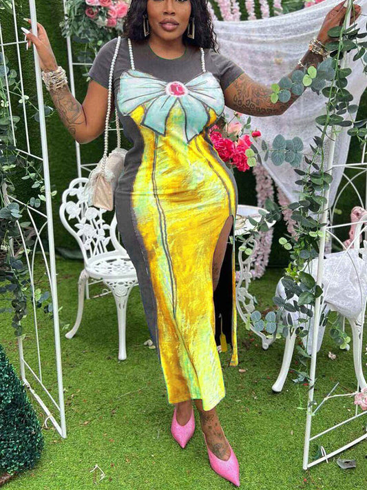 Pearl Bow Print Dress - ECHOINE