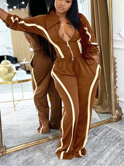 Contrast Zip-Front Jacket & Wide Pants Set