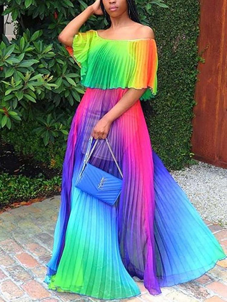 Off Shoulder Colorful Ombre Pleated Maxi Dress - ECHOINE
