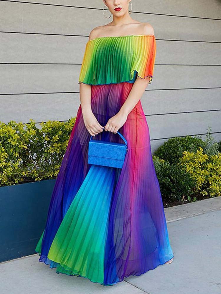 Off Shoulder Colorful Ombre Pleated Maxi Dress - ECHOINE