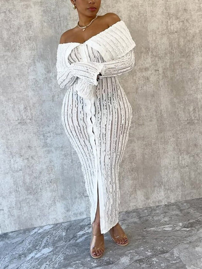 Off Shoulder Mesh Button Dress