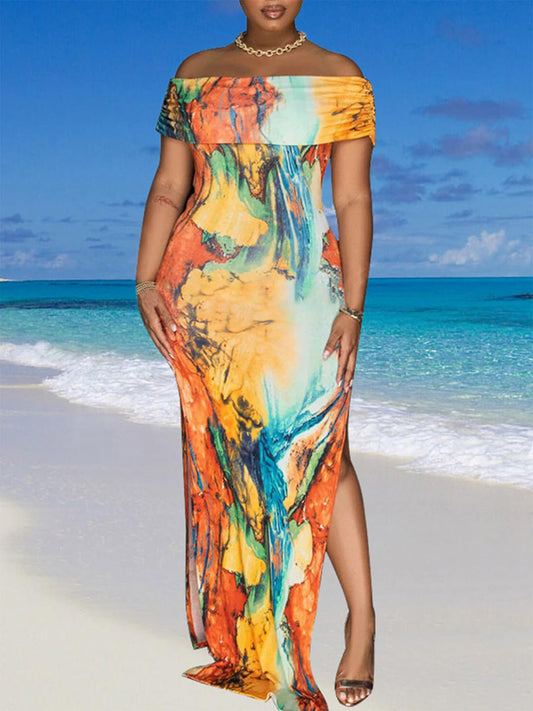 Off Shoulder Colorful Split Dress