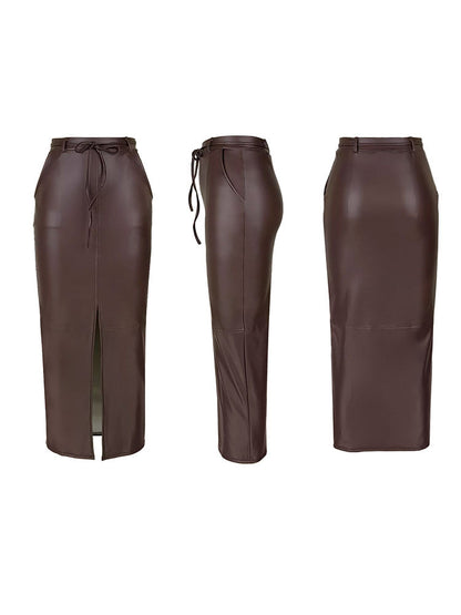 PU Leather Lace-Up Slit Skirt - ECHOINE
