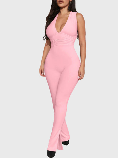 V Neck Ruched Bodycon Jumpsuit - ECHOINE