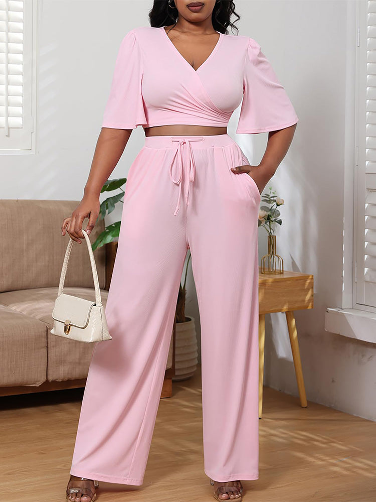 V-Neck Top Drawstring Pants Set - ECHOINE