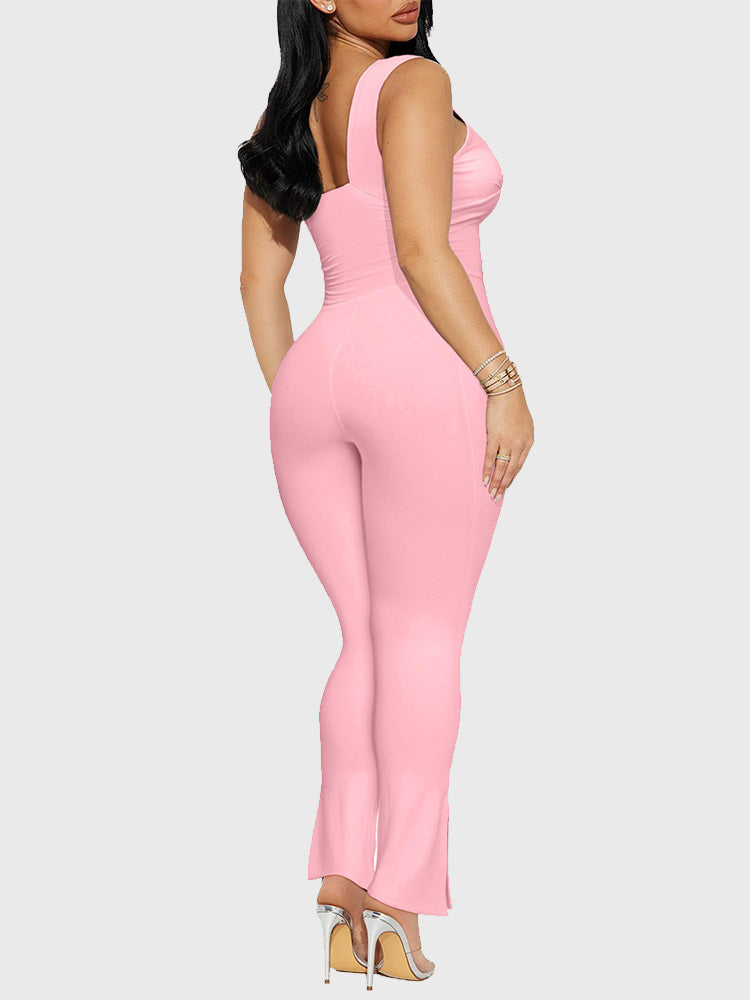 V Neck Ruched Bodycon Jumpsuit - ECHOINE