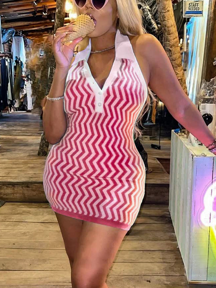 Halter V Neck Striped Dress