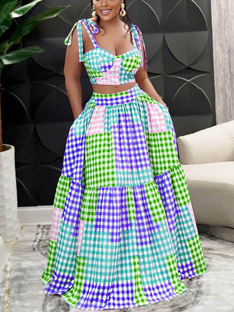 Plaid Color Block Crop Top Maxi Skirt Set - ECHOINE